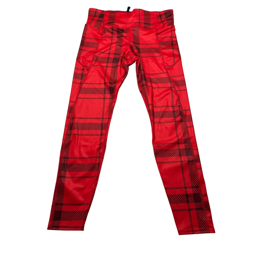 BROOKS Red Plaid Training Tight Leggings Pockets Drawstring Women's Size Medium